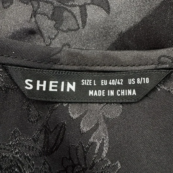 Black Floral Slip Dress L Whimsigoth Fairy Grunge Babydoll Vamp Indie Satin Y2K - Picture 7 of 7